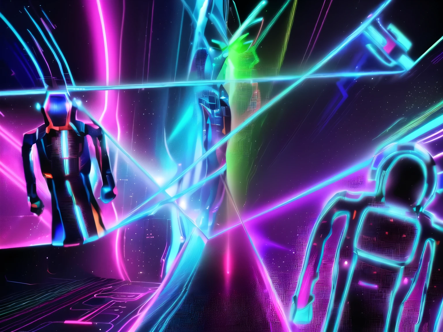 there are two people that are standing in front of a colorful background, complex cybernetic beings, distant glowing figures, colored projections, cybernetic body parts, neon outlines, coloured line art, abstract human figures dancing, interconnected human lifeforms, transparent holographic being, aura jared and wires, pc screenshot, animation still, futuristic lasers tracing