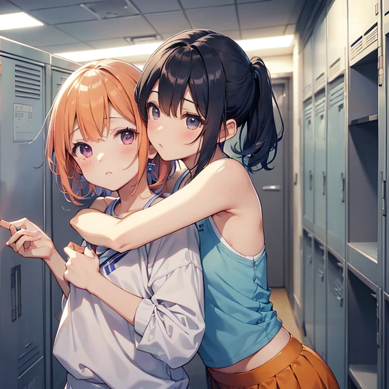 (highest qualityのイラスト:1.2), (cute girl:1.1), (One Girl, solo:1), (Two Girls、8-year-old、、、small、cute、cute、small胸、Ultra-detailed目:1.2)、(lily、kiss、Hug from behind、Grab、eyes half closed、eye contact:1.3)、(sweating、I was hugged、blush:1.1)、 break White Bra、ピンクgood、Blue Bra、Green Bra、Greybra、Light grey bra、 Striped bra、水玉模様がgood、goodチェック柄、cute、good、Kids Good、sporty、camisole、Cotton panties、School Skirt、Blake Black Hair、Blue Hair、Brown Hair、Very short hair、short hair、Mid-length hair、Hair length、Wavy Hair、Curly Hair、Pale pink braided hair、Hime cut、Bobcut、Twin tails、低いTwin tails、ponytail、ライトブルーのローponytail、break(locker room:1.2)、(evening、evening、Orange sunshine:1.2)、 break(highest quality、Ultra-detailed、Very detailed and beautiful、超A high resolution、Detailed Arm:1.2)、Browsing Caution Beautiful Pool