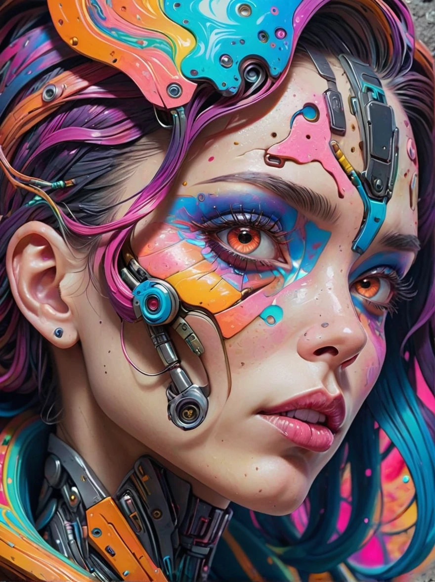 realistic, Psychedelic works full of gorgeous colors, It has rich texture, distortion，Attractive facial features，Crazy marbled paper cyberpunk woman&#39;s head，Neon Blue，Neon Orange，Floating mysterious stellar translucent vortex