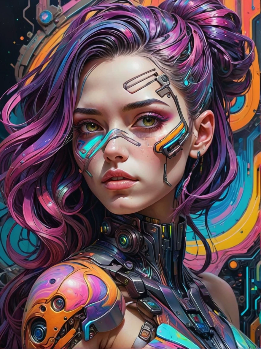 realistic, Psychedelic works full of gorgeous colors, It has rich texture, distortion，Attractive facial features，Crazy marbled paper cyberpunk woman&#39;s head，Neon Blue，Neon Orange，Floating mysterious stellar translucent vortex