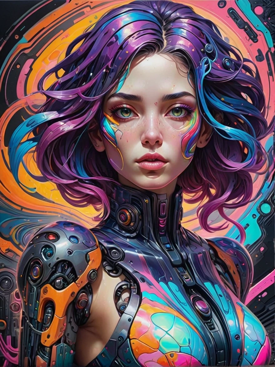 realistic, Psychedelic works full of gorgeous colors, It has rich texture, distortion，Attractive facial features，Crazy marbled paper cyberpunk woman&#39;s head，Neon Blue，Neon Orange，Floating mysterious stellar translucent vortex