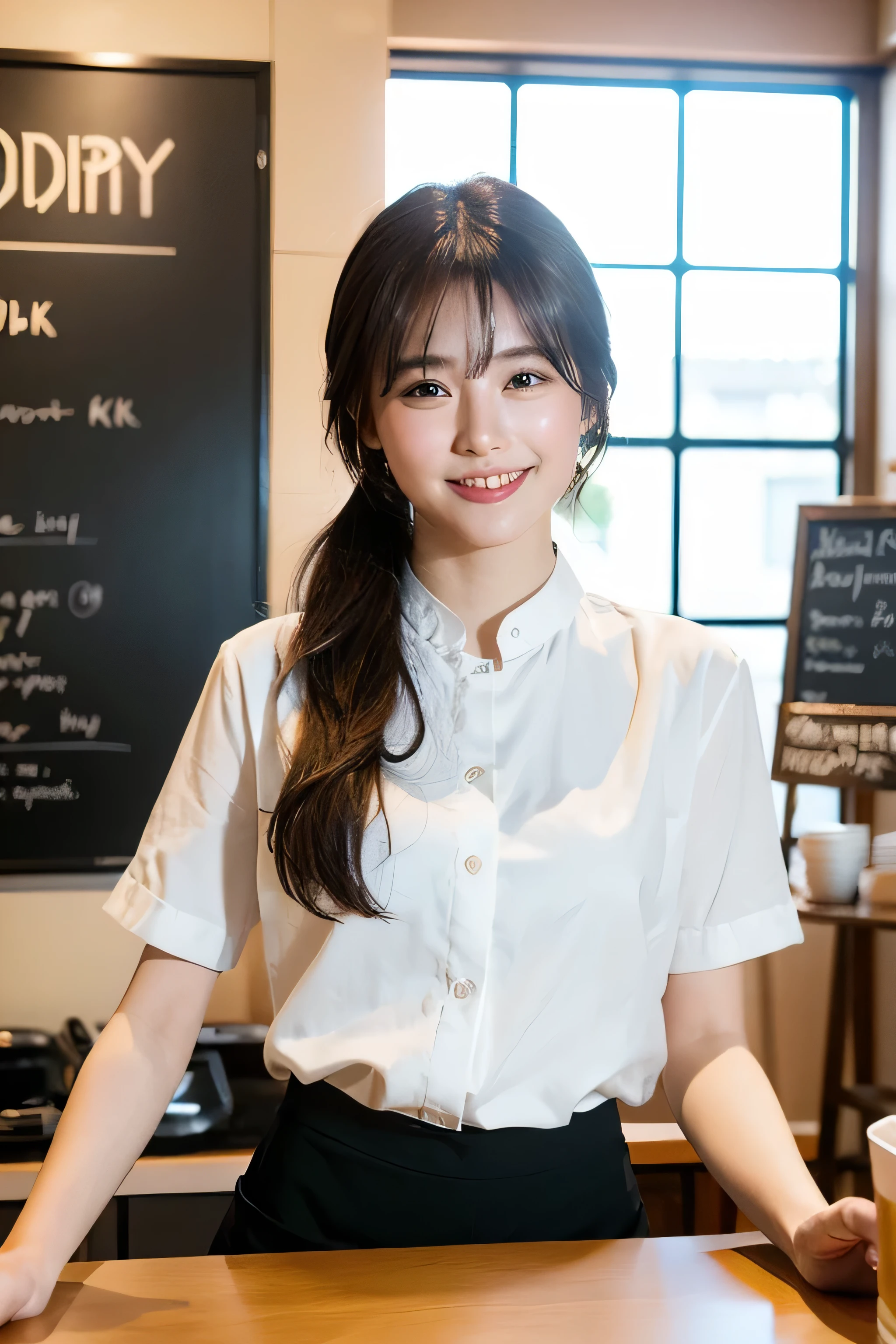 (Highly detailed CG Unity 8k wallpaper,masterpiece, highest quality, Super detailed),(Best lighting, Best Shadow, Very delicate and beautiful),floating, [(One girl),Dynamic Angle,(Long black hair:1.1)Similar to obsidian, nice,(Danfeng Eyes),(Silky skin),(Perfect Curves),(Attractive clavicle),((White underwear)), Slim figure,(Seductive eyes):0.8], ((Cafe shop scene)),Smile