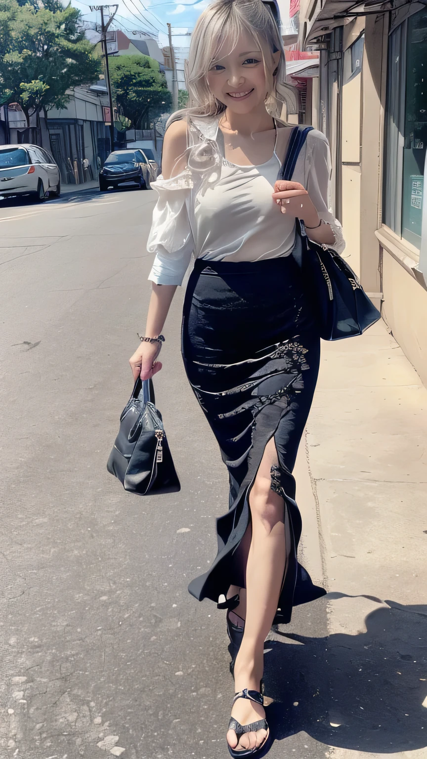 (Woman walking in the city:1.3、smile、The background is a street corner:1.5)、(Realistic、Like a photograph、Live Action、8k, Realistic, RAW Photos, Best image quality: 1.4), Single-lens reflex camera、RAW Photos, highest quality, Realistic, Very detailed CG Unity 8k wallpaper, Written boundary depth, Cinematic Light, Lens flare, Ray Tracing, Realistic background、(Paisla:1.5、blouse:1.2、(mermaidskirt,Long skirt)、Small breasts:1.37、((Shoulder bag)))、((ultra high density skin))、 1 female,Cute Japanese Woman、Japanese office lady at work、((whole body:1.5),View the computer:1.1、smile、(Silver Hair、short hair:1.3、Short Ponytail)、I like that style、stylish、Very detailed、Pay attention to the details、Perfect outfit、(Sunburned skin)、Beautiful feet:1.1,Anatomically correct body、Accurate Fingers、Are standing、View from the front