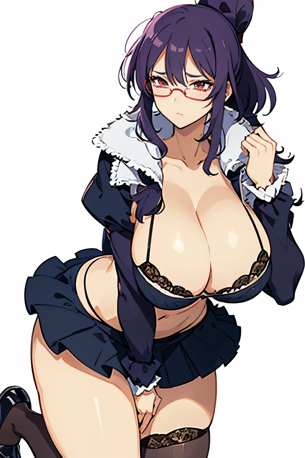 big tits, cleavage, glasses,  white bra, panties, spread legs, ponytail hair, purple hair, red eyes, mature, milf, busty, thick, short skirt, cleavage, view at camera, ((white background))