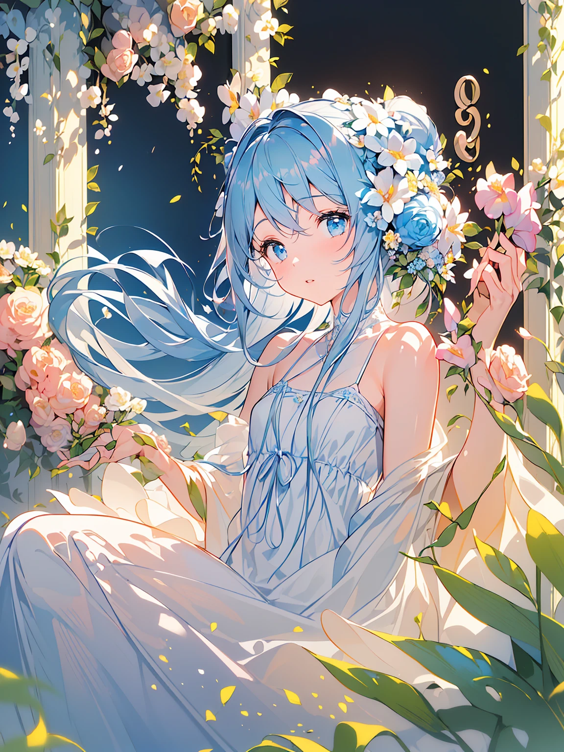 ((masterpiece, best quality, extremely detailed, absurdres)),, masterpiece, best quality, extremely detailed, (((light blue long hair))), long hair cute anime faces,detailed light,parted lips,shiny、beautiful detailed face,,longhair、(((( light blue long hair)))),,10 years old, , 1girl, solo, flat chest, blush, bangs, , flat chest,((best quality)), ((masterpiece)), ((Super detailed)), (illustration), (detail light), (an extremely delicate and fair), ((prune)), incredible_Ridiculous, (Ray tracing), (reflected light), ((movie poster)), (sign:1.3), (English text:1.3), rest (8K:1.3), wallpaper, 1 girl, (Girl among flowers:1.4), , clear sky, external, Super detailed, best quality, Ultimate quality, masterpiece, fair, beautiful, sit on the floor, (Ridiculously long hair, Clear border of cloth:1.4), (pure white dress, pure white silk cloth:1.5), (Flower land, Thousands of flowers, colorful flowers, flowers around her, various flowers:1.51), young, amazing, attractive, sundress, wonderful scenery, pure white shoes