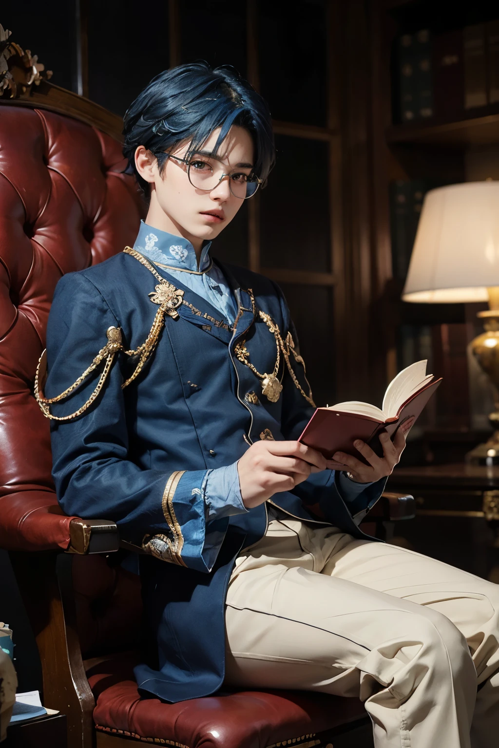 Blue hair, male, about 16-17 years old, wears glasses, wears a blue mage outfit. sitting and reading a book