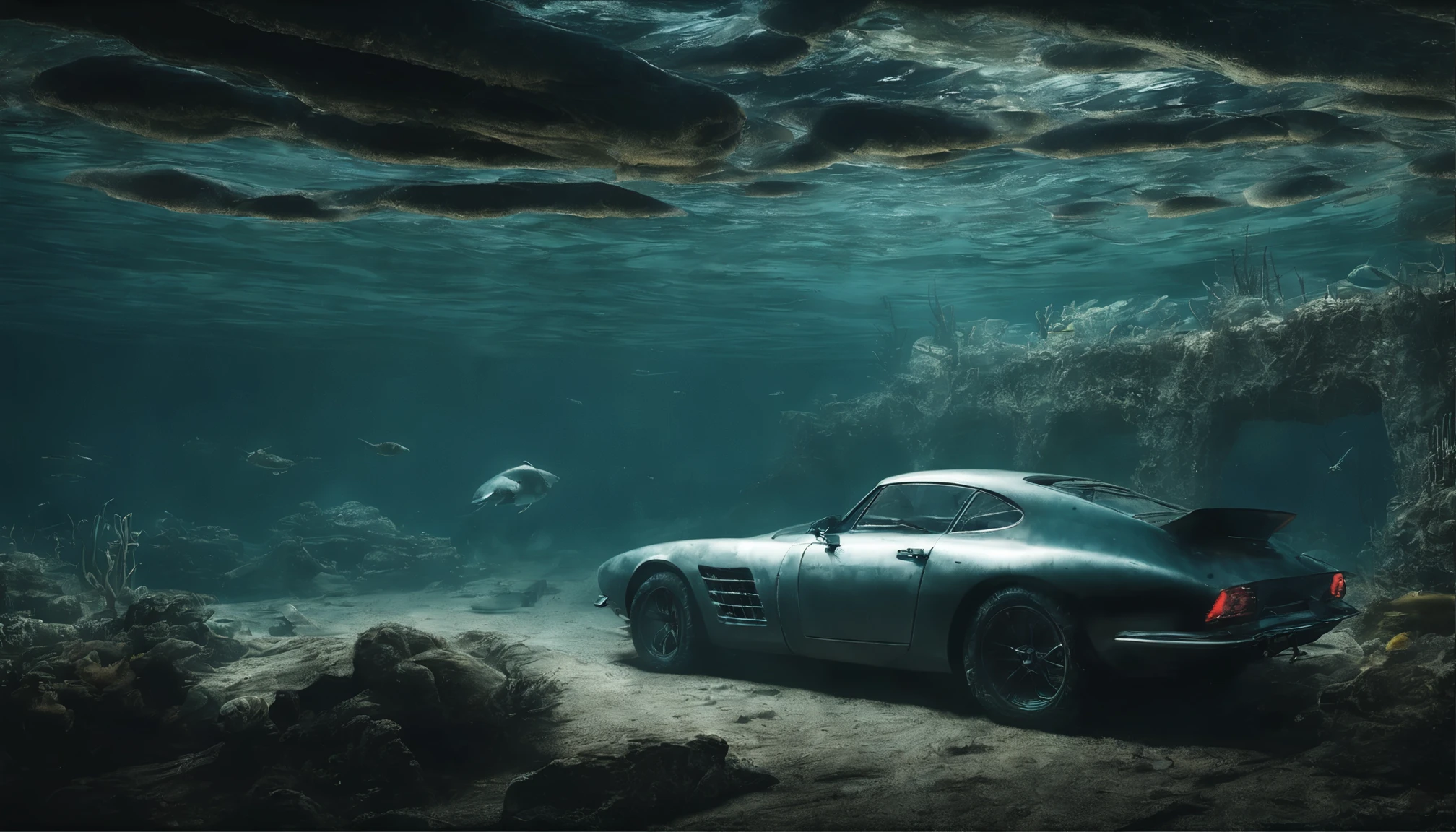 There's a sports car at the bottom of the ocean, surrounded by marine life. Light breaks through the water, creating mystical lighting. The car is partially covered with seaweed and coral, which emphasizes his prolonged stay under water. A variety of fish and other marine life swim around.
Details for creating a picture:
Main object:
sports car (Sports car).
Clean lines and modern car design, but with elements of corrosion and fouling by algae and corals.
ambient:
Ocean floor, covered with sand and stones.
Marine flora: algae, armed, sea grass.
Marine fauna: various types of fish, Maybe, small sharks, Jellyfish.
Lighting & Atmosphere:
Scattered light, penetrating through the water from above, creating soft light rays.
Shadows & Depth, giving the image realism.
Bluish and greenish shades, characteristic of the underwater environment.
Additional elements (Optional):
Shipwrecks or old chests in the distance to add ambience.
little air bubbles, rising from the car.
Style and mood:
Realistic style with high detail.
Mystical and slightly mysterious atmosphere.
Combination of modern and natural.
Technical specifications:
a high resolution.
Realistic stylization.
Detailed elements of the car and the underwater world.
Effective use of light and shadow to create depth and realism.