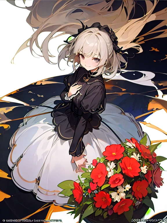 leaning front ,girl from upper view、(masterpiece, highest quality, official art:1.2), ,looking at the viewer,1 girl,alone, white background, ,(2D:1.5) ,whole body、Masterpiece、Popular on pixiv、Girl、dress、bouquet、sight、disorganized, absolute resolution, incredibly disorganized, High resolution, Looking at this、stare,lughing smiling、glad,cheerful,cheery
