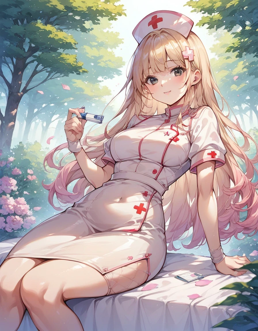 source_anime,score_9, score_8_up, score_7_up, score_6_up, score_5_up, rating_safe,
(girl:1.5),(long hair,delicate detailed black eyes, nice outfit,bangs,nurse, sitting), (close up,waist)
background, park,