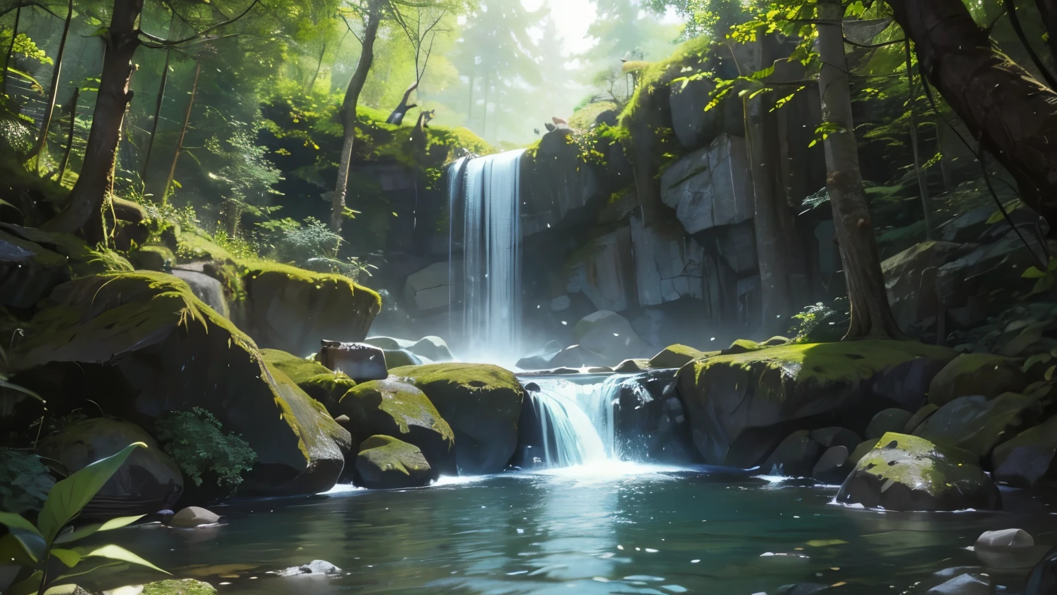 A fantasy clearing with a small waterfall and rock to go under it