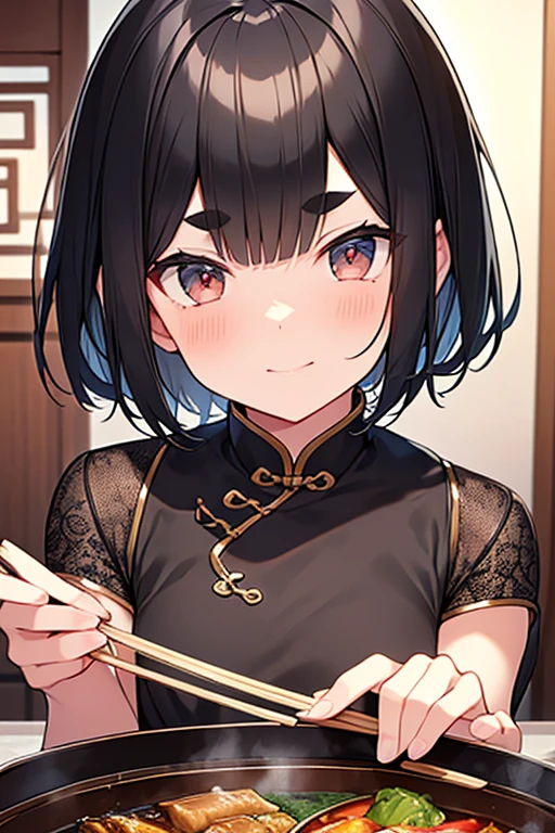 childhood friend,Short Hair,Black Hair,Thick eyebrows,Single,{masterpiece},{high quality},{Super detailed},{Perfect Face},Chinese cuisine,Chinese Restaurant,cheerful,Hemming