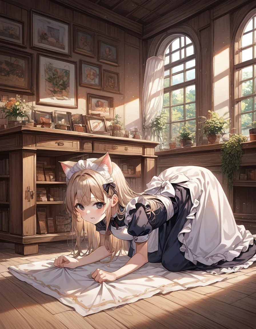 source_anime,score_9, score_8_up, score_7_up, score_6_up, score_5_up, rating_safe,
(girl:1.5),(long hair,delicate detailed black eyes, nice outfit,bangs,maid dress,cat ears, all fours), (close up,waist)
background,indoor, house