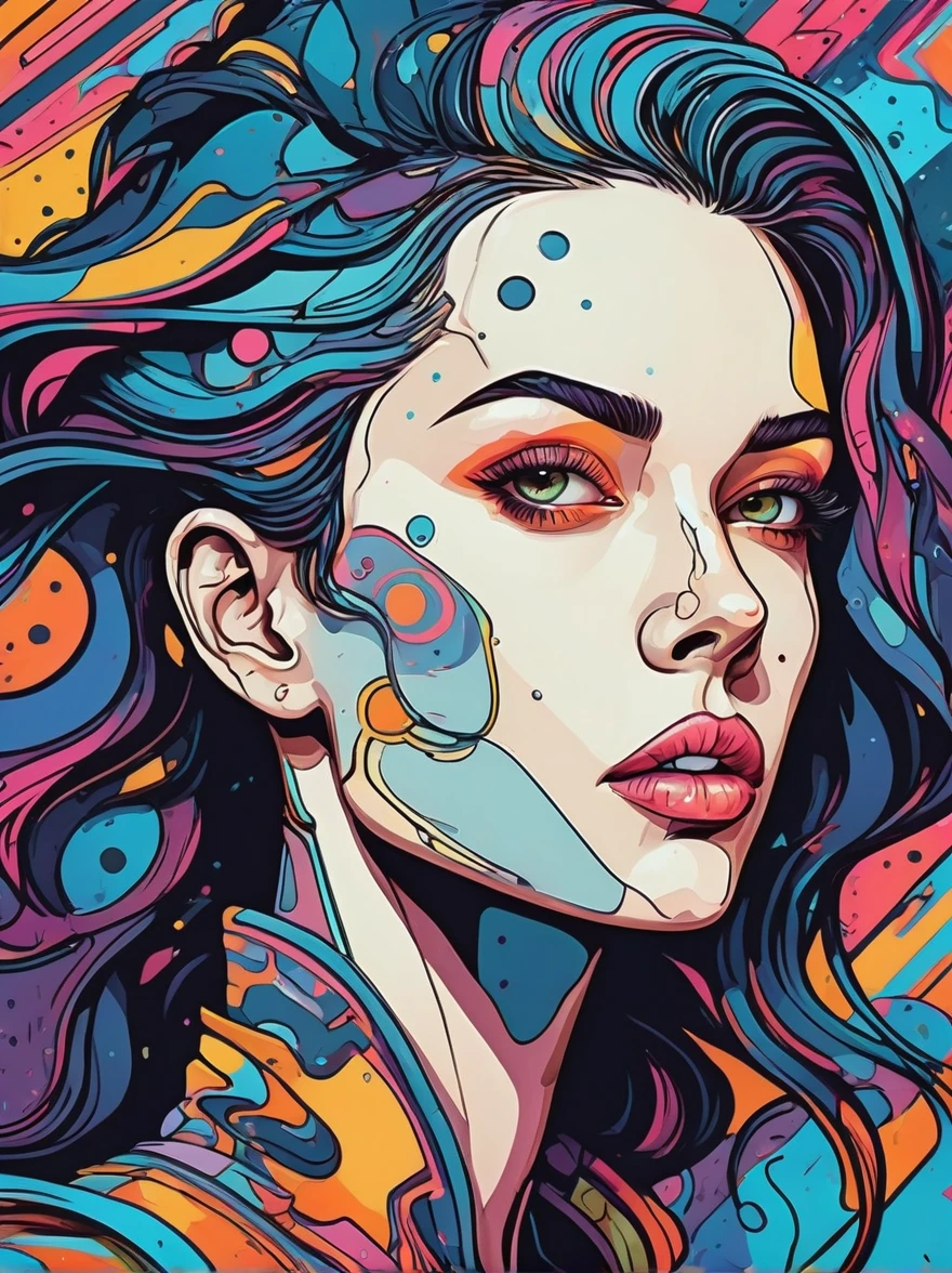 (Cartoon doodle style:1.2), Vector illustration,portrait,close up,Crazy marbled paper cyberpunk woman's head,Neon Blue,Neon Orange,Floating mysterious stellar translucent vortex,Graffiti style background, Comic Art,Anatomically correct, Textured Skin, Add whimsy to the scene, 1xhsn1