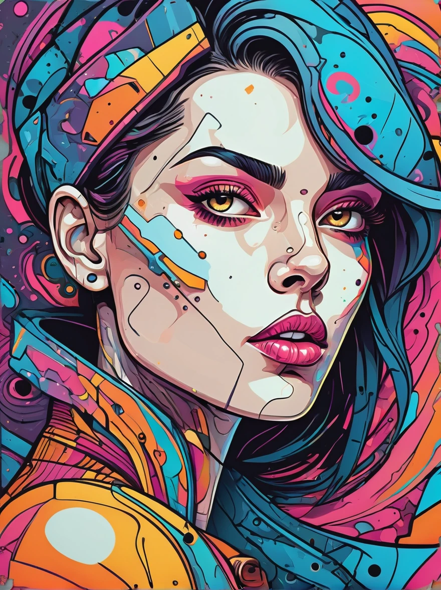 (Cartoon doodle style:1.2), Vector illustration,portrait,close up,Crazy marbled paper cyberpunk woman's head,Neon Blue,Neon Orange,Floating mysterious stellar translucent vortex,Graffiti style background, Comic Art,Anatomically correct, Textured Skin, Add whimsy to the scene, 1xhsn1