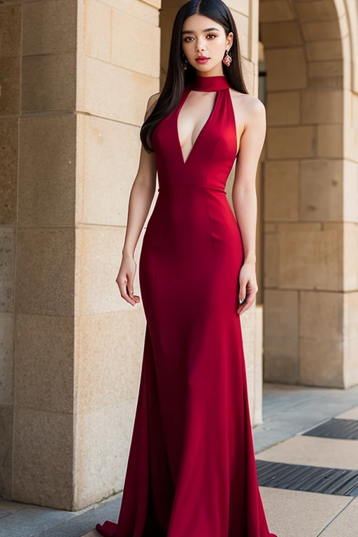 Red high neck long dress，Full of elegance，Black Hair，The chest is small，Beautiful face，stare