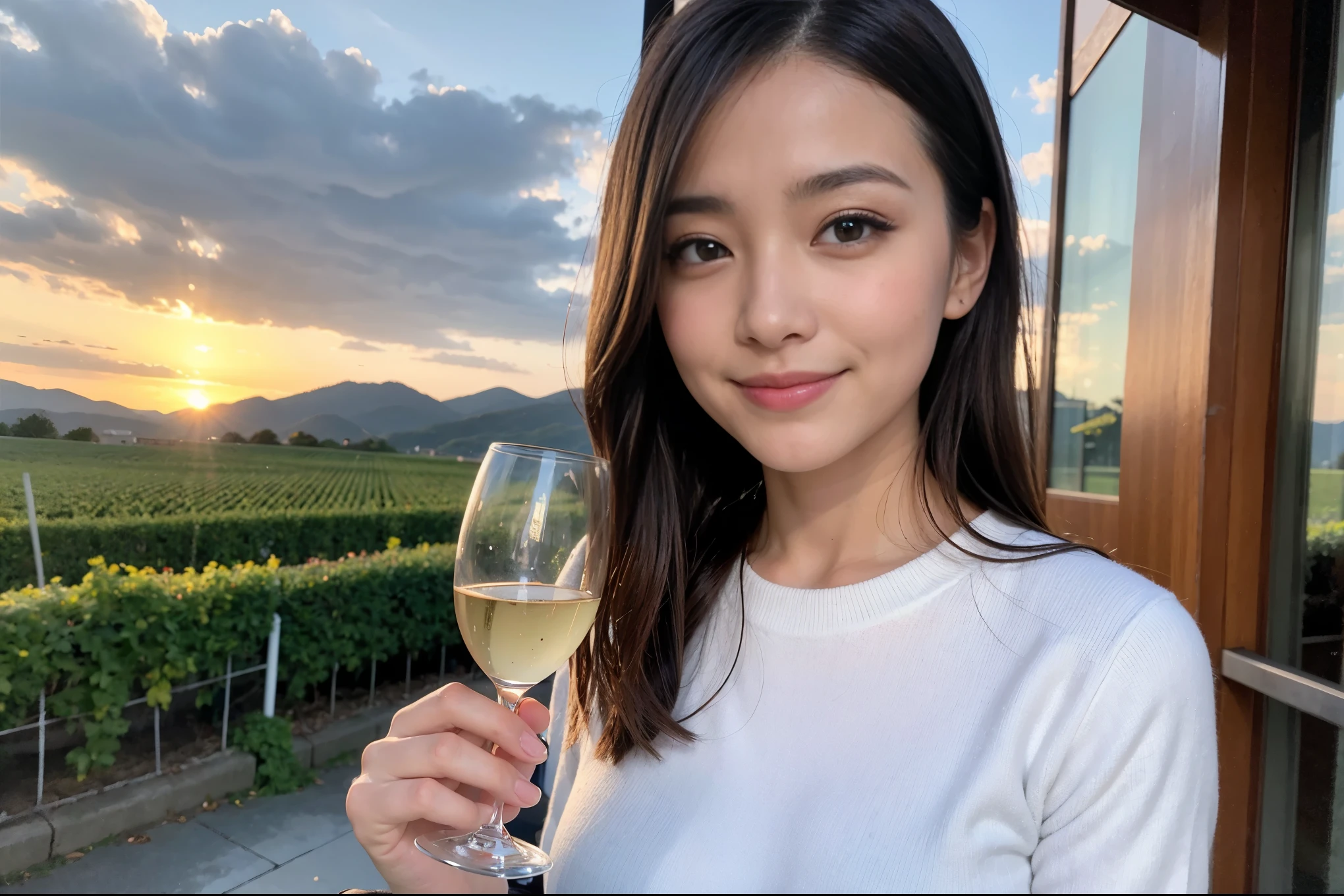 ((highest quality、8k、masterpiece:1.3))、1 male、1 female、Couple、Spouse、石原さとみ似美女Couple、The body is slim、((Bob Hale、Straight hair:1.2)), (Realistic, Intricate details:1.2), テーブルの上のwine glass、Shine light on your face、 Amazing view of the sunset sky and clouds、Amazing mountain views、A bright smile、The wonderfulness of smile、Bright image、The beauty of wine, Beautiful Face, blue eyes, The light shines on your face, Blushing, short hair,Bright Face、 (Age 35), 39 years old, red wine 、Appetizers、Italian food、Wine bottle、Champagne、sparkling wine、Two beauties、Brown Hair、Shortcuts、Long sleeve shirt、dress、Pretty Woman 1, (slimな顔), (The body is slim), (Brown Hair), (Shortcuts), cheeks turn a little red,Attractive beauty、restaurant, In a prominent place (From the waist up) Nova Frog Style, actress, model, Upper Body, White wine, slim, wine glass, 中央に置かれたwine glass, smile, (smile: 1.15), Beautiful fine grain, Depth f/2,saturation, High Contrast, Strong light and shadow,Moist Body:1.5、3D texture、Delicate eyes、Brown Hair、The hair is very shiny、