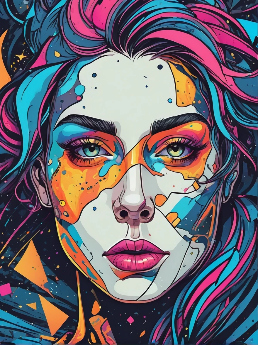 (Cartoon doodle style:1.2), Vector illustration，portrait，close up，Crazy marbled paper cyberpunk woman&#39;s head，Neon Blue，Neon Orange，Floating mysterious stellar translucent vortex，glowing eyes, amber eyes, Surrealism, Futurism, Conceptual art, cinematic lighting, ray tracing, close-up, UHD, masterpiece, accurate, anatomically correct, textured skin, super detail, high details, award winning, highres, 8k, (portrait:1.3)，(脸部close up:1.5), Eyes on the audience，First-person perspective，Graffiti style background, Comic Art，Anatomically correct, Textured Skin, Add whimsy to the scene, 1xhsn1