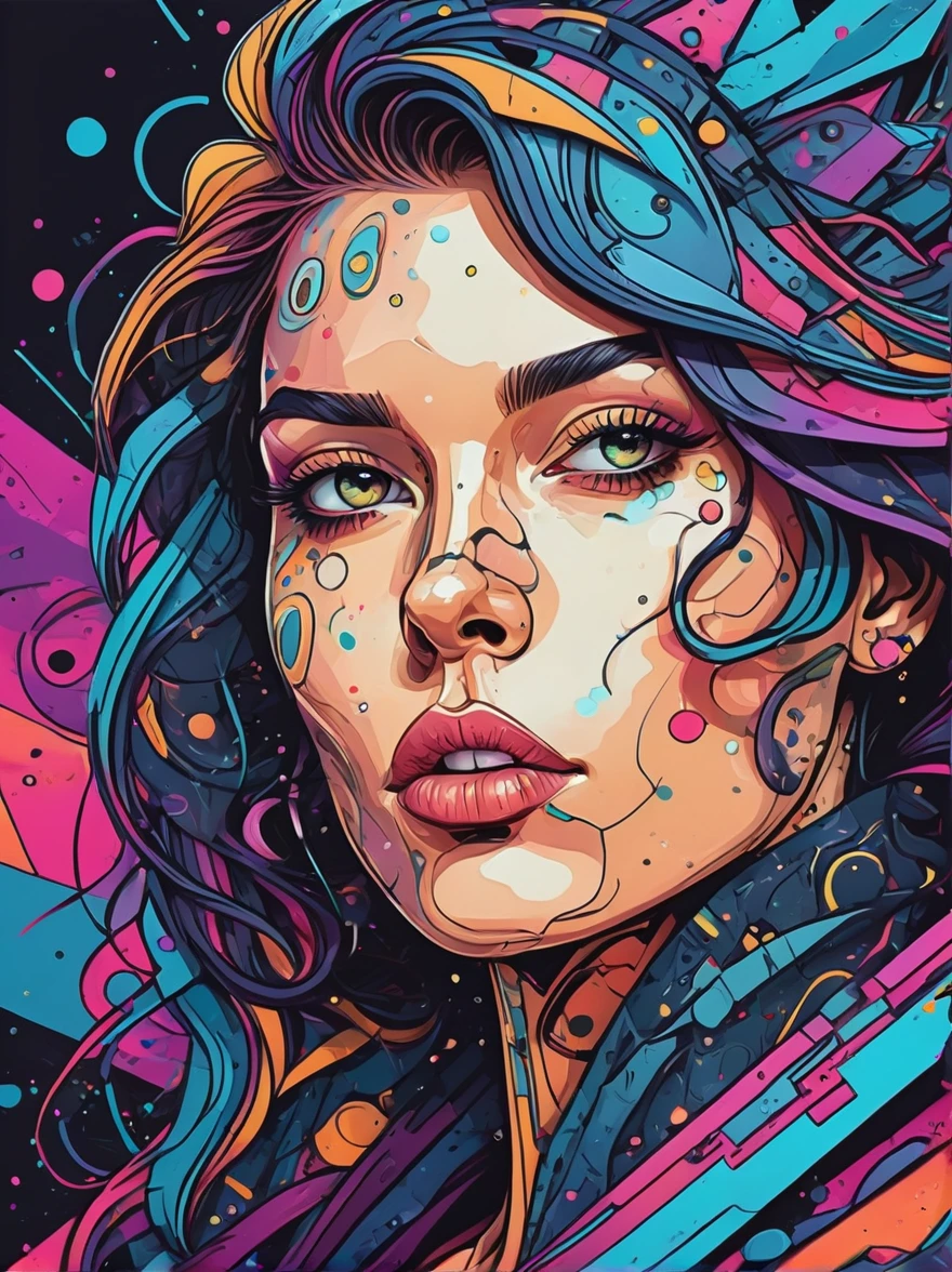 (Cartoon doodle style:1.2), Vector illustration,portrait,close up,Crazy marbled paper cyberpunk woman's head,Neon Blue,Neon Orange,Floating mysterious stellar translucent vortex,glowing eyes, amber eyes, Surrealism, Futurism, Conceptual art, cinematic lighting, ray tracing, close-up, UHD, masterpiece, accurate, anatomically correct, textured skin, super detail, high details, award winning, highres, 8k, (portrait:1.3),(脸部close up:1.5), Eyes on the audience,First-person perspective,Graffiti style background, Comic Art,Anatomically correct, Textured Skin, Add whimsy to the scene, 1xhsn1