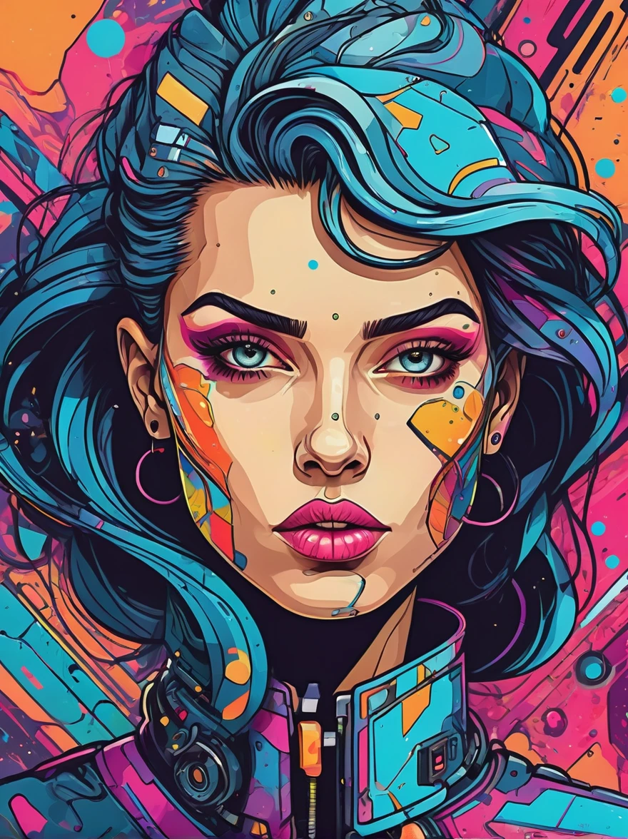 (Cartoon doodle style:1.2), Vector illustration，portrait，close up，Crazy marbled paper cyberpunk woman&#39;s head，Neon Blue，Neon Orange，Floating mysterious stellar translucent vortex，glowing eyes, amber eyes, Surrealism, Futurism, Conceptual art, cinematic lighting, ray tracing, close-up, UHD, masterpiece, accurate, anatomically correct, textured skin, super detail, high details, award winning, highres, 8k, (portrait:1.3)，(脸部close up:1.5), Eyes on the audience，First-person perspective，Graffiti style background, Comic Art，Anatomically correct, Textured Skin, Add whimsy to the scene, 1xhsn1