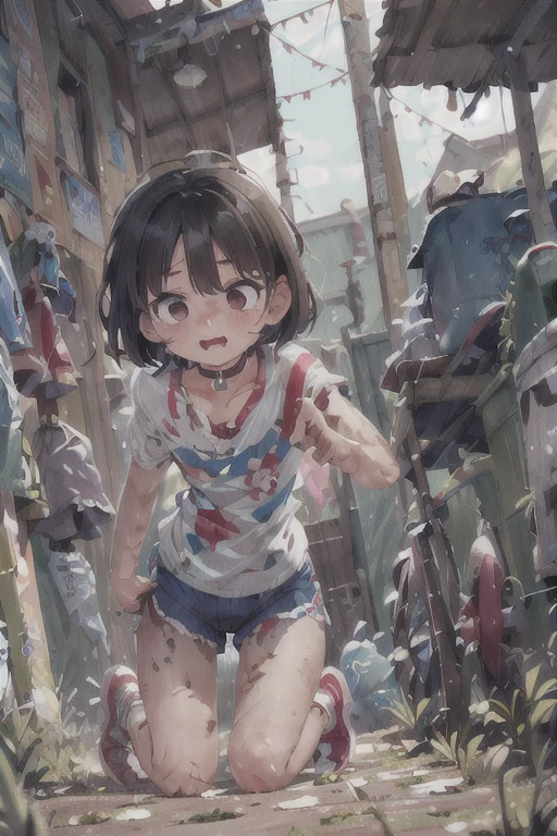 (Ultra-realistic,32k, masterpiece:1.2),(Skin with attention to detail:1.1),( 8K Ultra HD, Digital SLR, high quality:1.1),
One Girl, Black Hair, Messy Hair,Shorts, White shirt, Lock, choker,Crouched in the back alley、Dead Eyes、Thighs、Dirty clothes Dirty Skin、Flat Chest、Lock骨、Young face