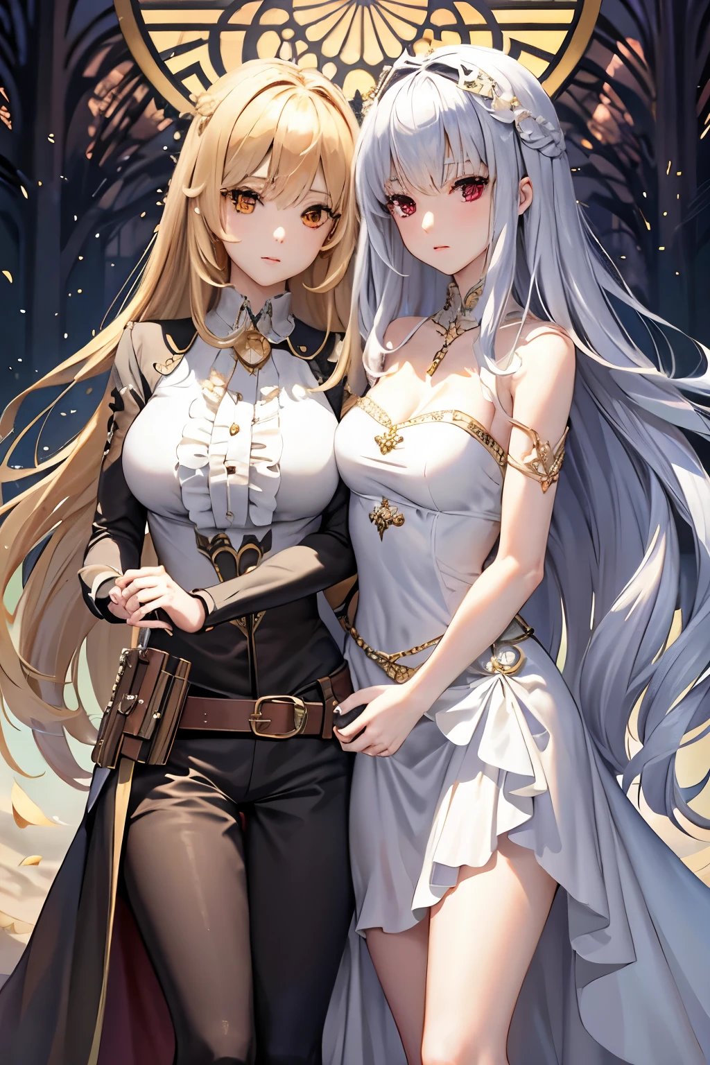 （（（highest quality、first-class、masterpiece、Normal body、8k、Detailed face、Ultra-precision、Normal hand、Normal finger、５Finger、Highest）））、２people、２peopleのbeautiful girl、AdeleとAlisha、Relatives and friends、Adele（（Height: 163cm、Silver-haired semi-long、Wearing a sword、gentle、Easygoing、beautiful girl））、Alisha（（Height: 155cm、Long blonde、Magic gun in holster、gun belt、cool、beautiful girl））、Stand side by side、beautiful girl達