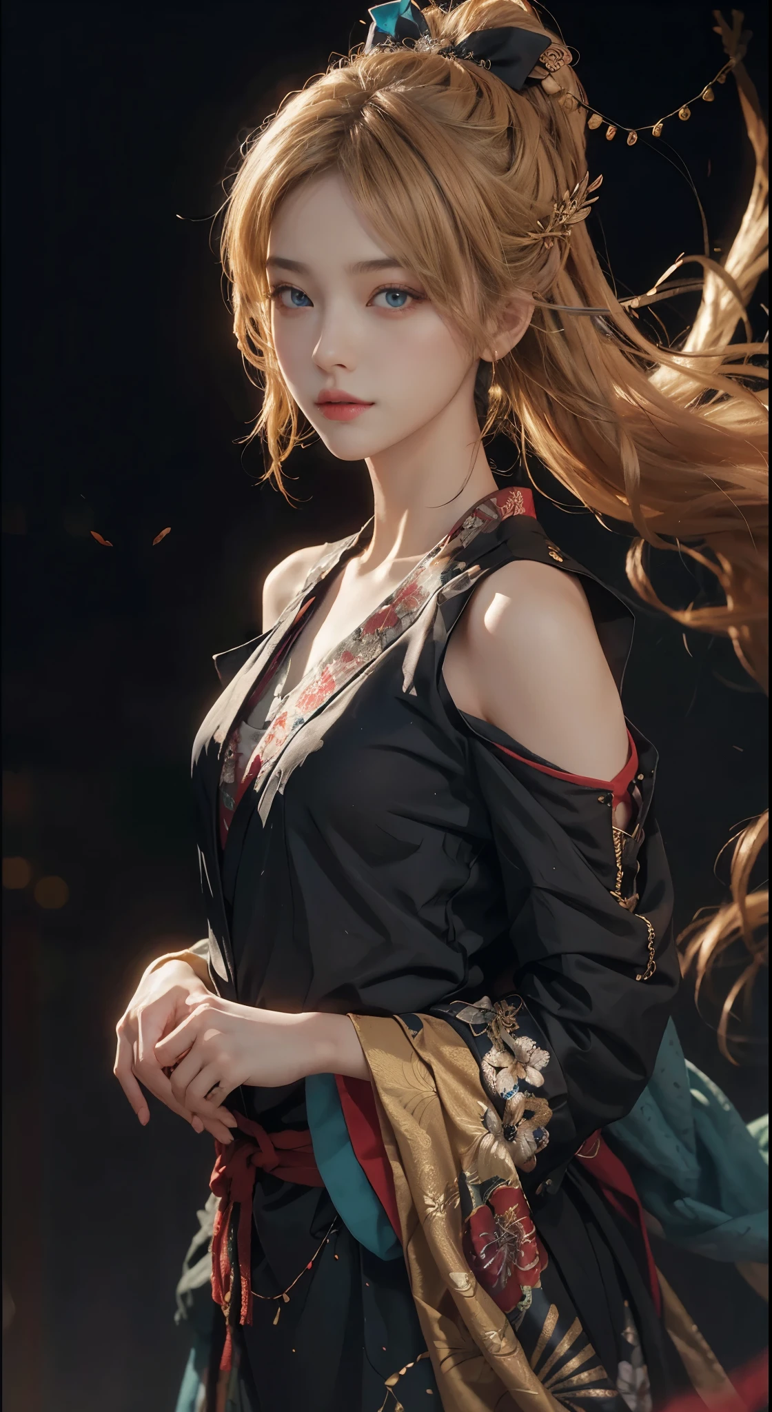 best quarity,Meisterwerk,super high res,(lifelike:1.4),Raw photo,1 Girl,blonde Hair,deep blueeyes,Detailed eyes and face,black business suit,Dynamic Lighting,in dark,Deep Shadow,OFFICIAL ART,Unity 8k wallpaper,hyper detailed,Beauty and aesthetics,ish high quality,beutiful,Meisterwerk,the best quality t,(zentangle,a Mandala,Tangles,Entanglement:0.6),elegance,Japanese shrine costumes,Streamers fly,Meisterwerk,best quarity,still from a movie,Floating in the sky,mingliang,joyful,Warm and soft lighting,Sundown,majestic,(Meisterwerk),Shoulders exposed skin,Small breasts,Small breasts,Flat Bust,sidebrilliance,(Delicate and beautiful eyes:1.2 )