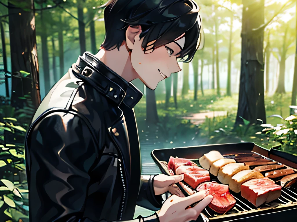 Young man in a beautiful forest、Having a barbecue、Delicious-looking meat、smile、profile、Big forest、beautifully daylight、Wearing a black leather jacket、Black Hair、1 male