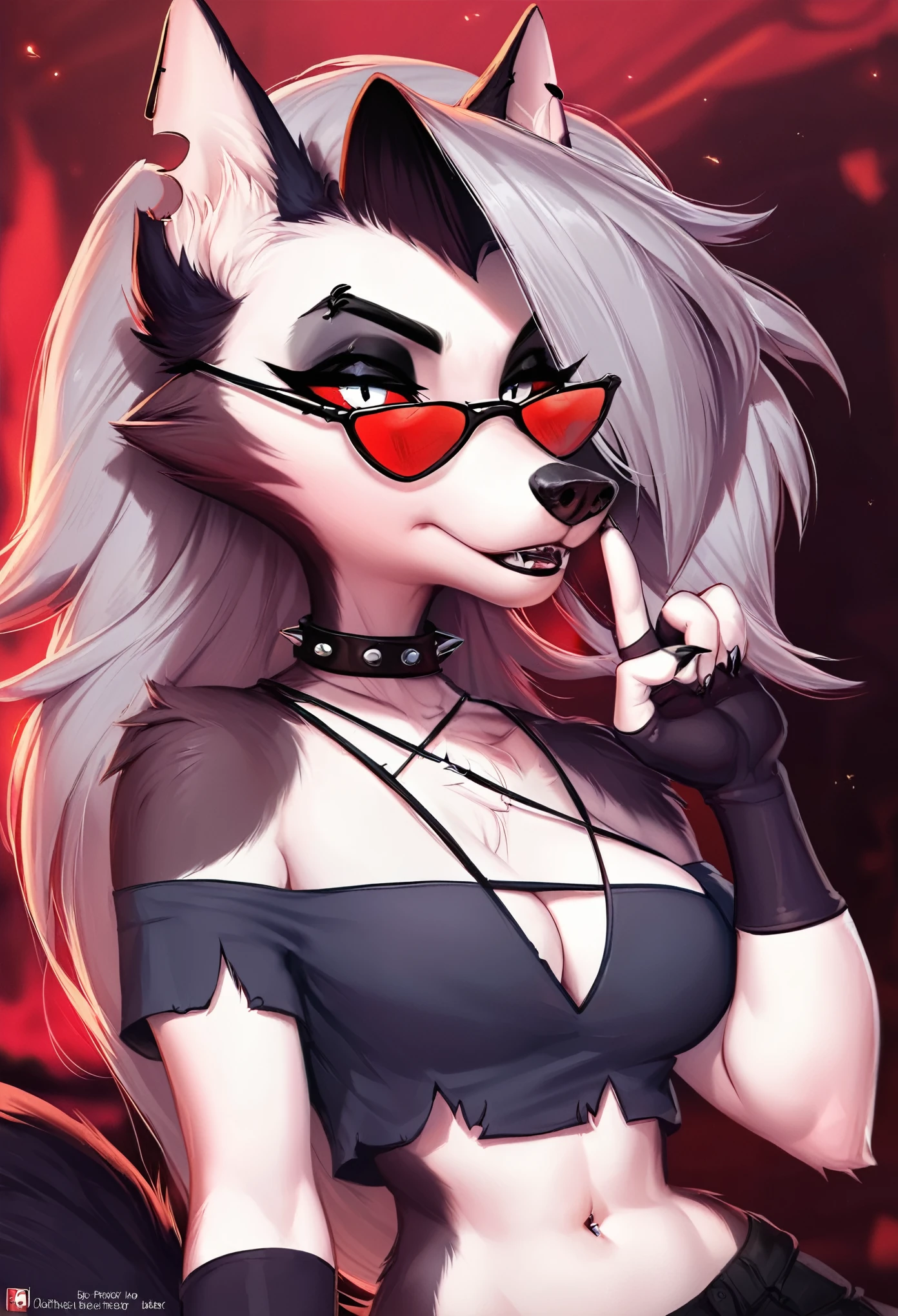 score_9, score_8_up, score_7_up, score_6_up, safe content, by vivzmind, mammal, canid, canid demon, demon, anthro, female, solo, eyewear, jewelry, necklace, helluva boss, gesture, hellhound, loona, choker, sunglasses, goth, official art, inverted cross, instagram