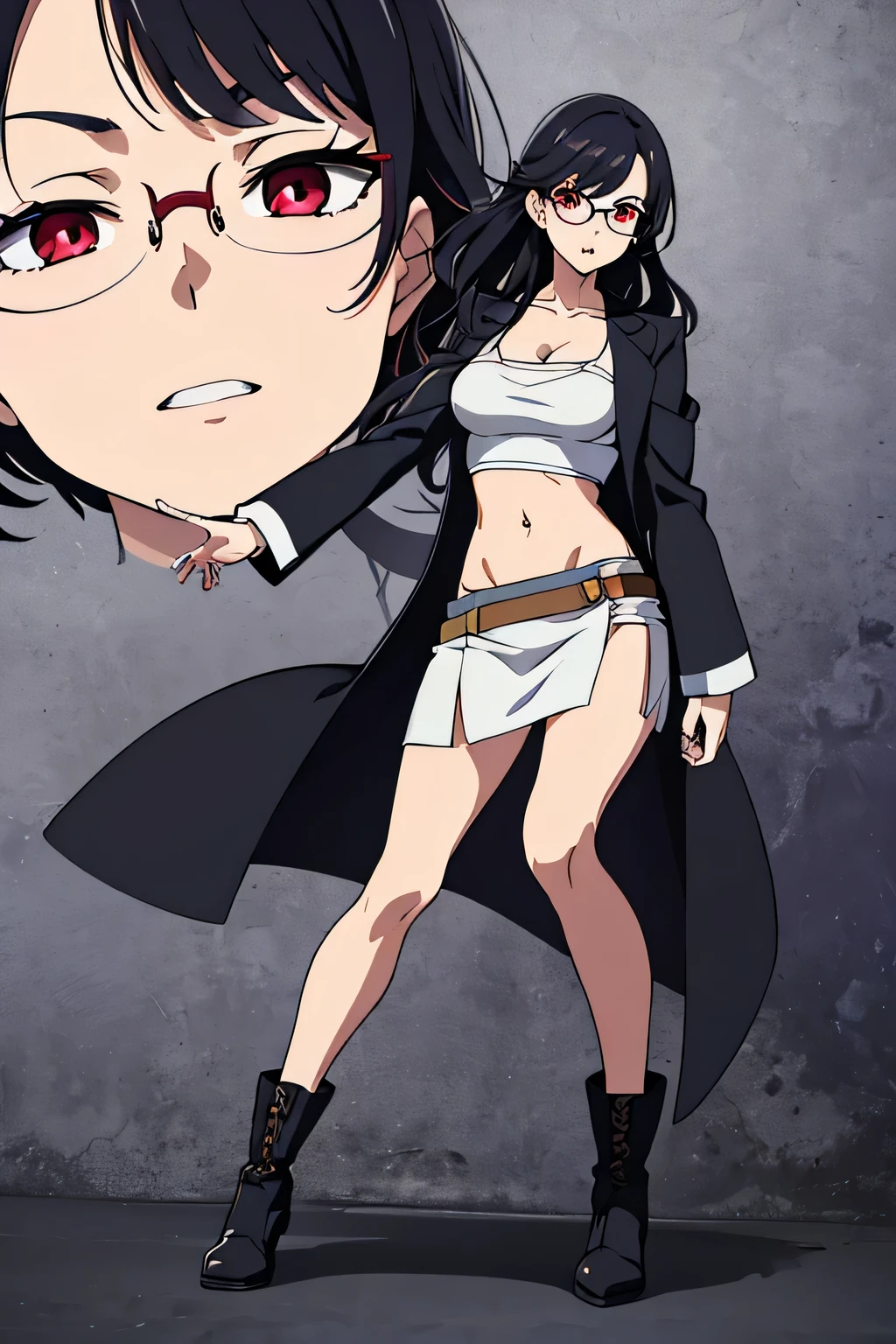 ((best quality)),((highly detailed)),masterpiece,absurdres,detailed face,beautiful face,(detailed eyes, deep eyes),1girl,((dynamic pose)), Sally, glasses, midriff, labcoat, navel, black hair, messy hair, boots, short hair, skirt, breasts, tattoo, crop top, open mouth, sleeves past wrists, long hair, cleavage, full body, sleeves past fingers, standing, solo, collarbone, medium breasts, jewelry, long sleeves, coat, miniskirt, red eyes