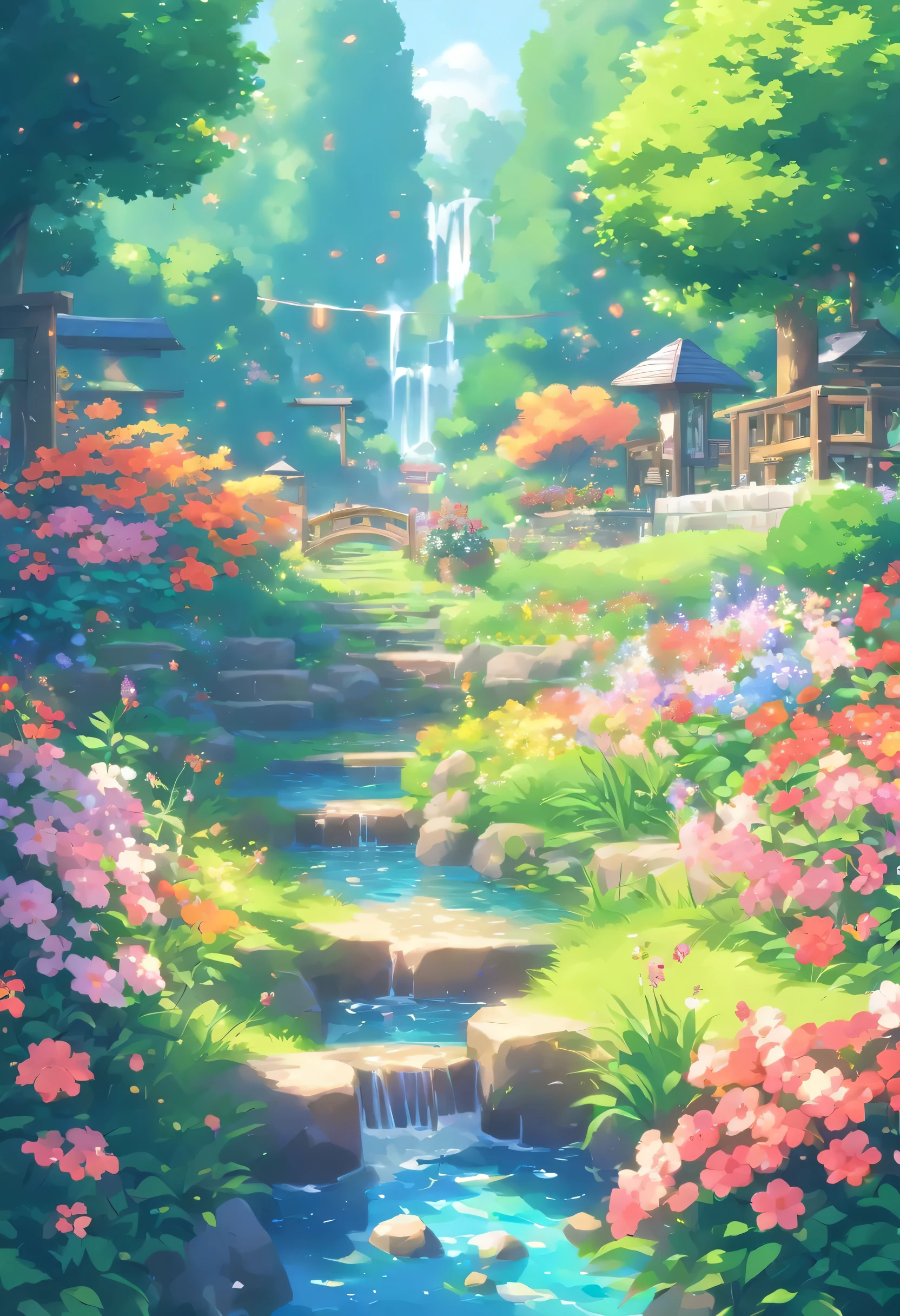 pixelart creates beautiful and peaceful garden images., With colorful flowers., gentle stream, and the sounds of nature.. show calm, life, And the beauty of the perfect day..