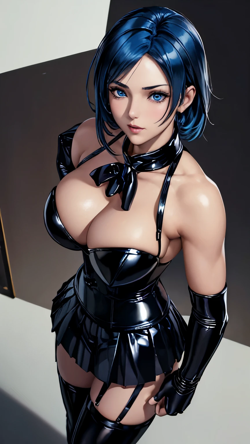 blue eyes with slit pupils, (highest quality, masterpiece painting:1.3), immature woman, , (half body shot), masterpiece, ultra high resolution, (Photoreal:1.0), ((blue hair)),straight short hair, beautiful shining hair, white and shining skin,((Ultra realistic details)), octane rendering, highly detailed face, (big breasts), ((bare shoulder, black pvc outfit, (black pvc serafuku:1.4), (black pvc pleated skirt:1.2), black pvc elbow gloves, black pvc thigh boots, (garter straps:1.2))), open neckline, cleavage, perfect body, soft skin, silver earrings, (pure white background:1.4), sharp focus, intricate details, professional artwork, (bright colors:1.1), bright colors, diffused lighting, digital blending, ultra-definition body, ultra detail hair, super detailed face, trending on pixiv, top button open, Cute gaze, compensate, perfect lips, perfect compensate, Ultra-precision coating, (light_smile:0.8), (Very embarrassed:1.2), blush your nose,