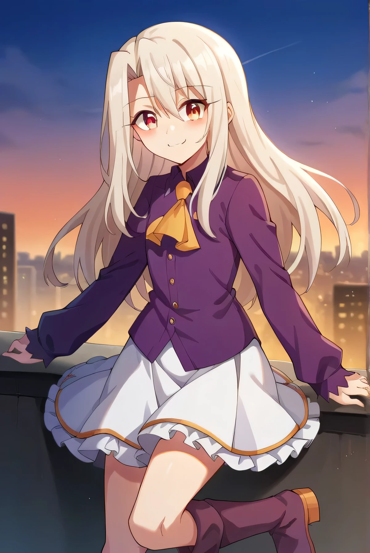 score_9, score_8_up, source_anime, 1girl, illyasvielvoneinzbern, illyasviel von einzbern, long hair, red eyes, white hair, skirt, shirt, long sleeves, boots, ascot, white skirt, frilled skirt, purple shirt, looking at viewer, smile, cityscape, blue sky 