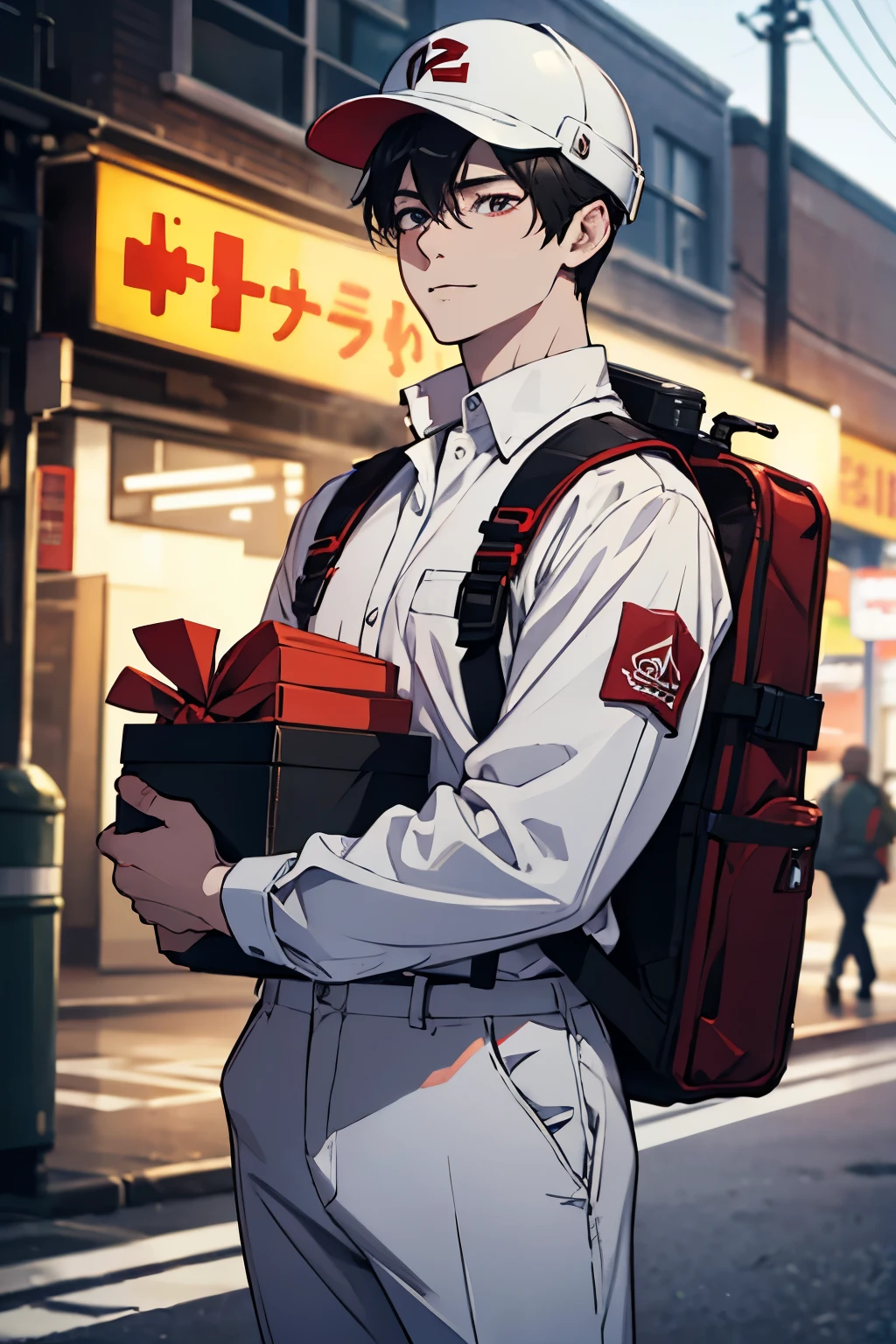 a cheerful 20 year old delivery person, white skin, red helmet, red long-sleeved shirt, red pants, black delivery backpack, holding a box, realistic, photorealistic, photo-realistic:1.37, best quality,4k,8k,highres,masterpiece:1.2,ultra-detailed,sharp focus,physically-based rendering,extreme detail description,professional,vivid colors,bokeh