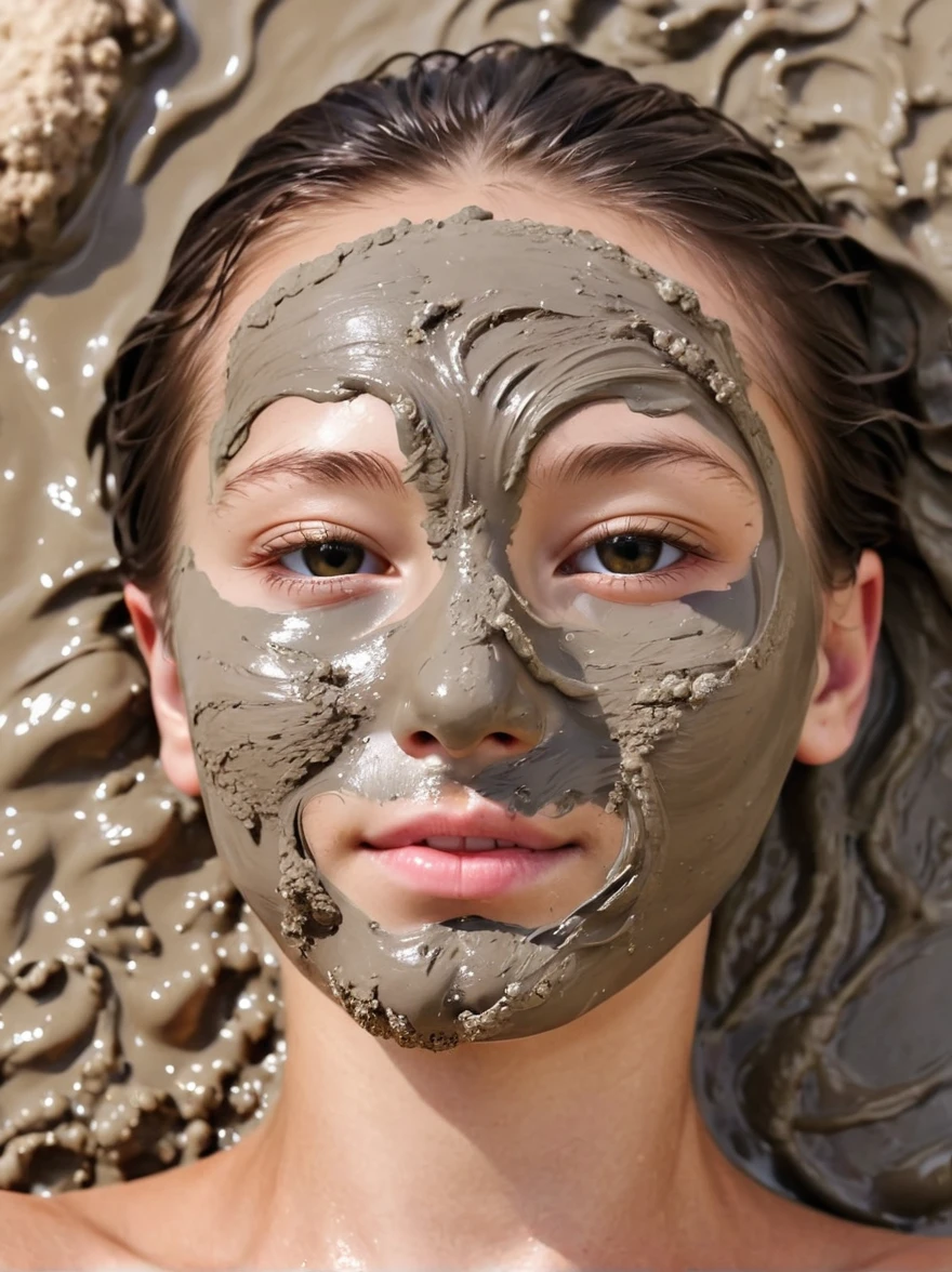 Close-up photo of Dead Sea mud mask,A girl's face is covered with thick dark gray,Slightly shiny mask,Green eyes,Dark eyebrows and lips are the only areas that are not covered with mask,Rough mud mask particles,The scene is surrounded by elements of a spa environment,Like burning scented candles,Fresh green leaves and rolled soft towel