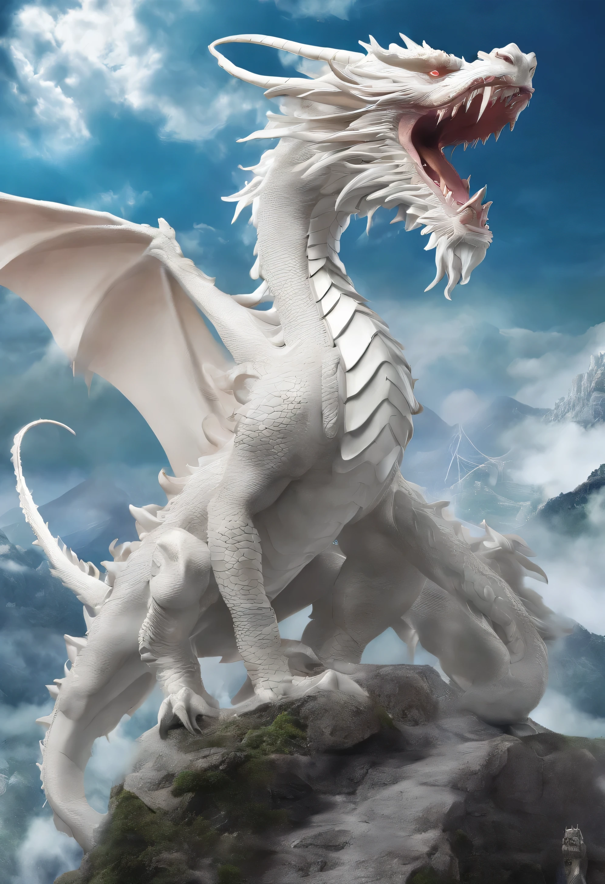 （albino），BJ_Sac White_bEast,Chibaime,Outdoor,horn,null,cloud,no_human,bird,cloudy_null,scenery,stage,Fantasy,Dragon,architecture,East_Asian_architecture,Eastern_Dragon,Cinema Lighting,Strong contrast,High level of detail,highest quality,masterpiece（White Dragon：1.5）
