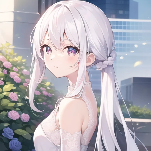 ((masterpiece, best quality))++, Detailed lighting+, Detailed hair+, Detail hand+ ,1 girl, Miss, Long hair, Crimson eyes, beautiful eyes, young white hair,,(Beautiful white hair:1.5),(Beautiful and delicate eyes), high resolution+,glass tint, Reflective eyes, {{angle}} , Very detailed wallpaper, The original, ,Sea of Flowers,Air bangs,city road,Double ponytails,Extremely beautiful CG