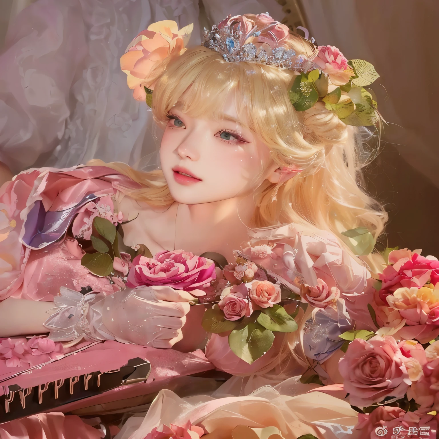 blond haired boy in a pink dress with a crown and flowers, belle delphine, fairycore, sakimichan, jinyoung shin, rococo queen, crown of mechanical peach roses, lalisa manobal, guweiz, flower queen, sakimichan frank franzzeta, blonde - haired princess, portrait of kim petras, # rococo INOCENT BOY