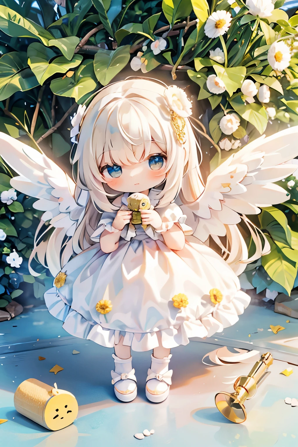 Photorealistic、Chibi Girl Doll(Holding a fluffy dandelion in hand、A picture of someone blowing cotton fluff away、Cute Shoes)
