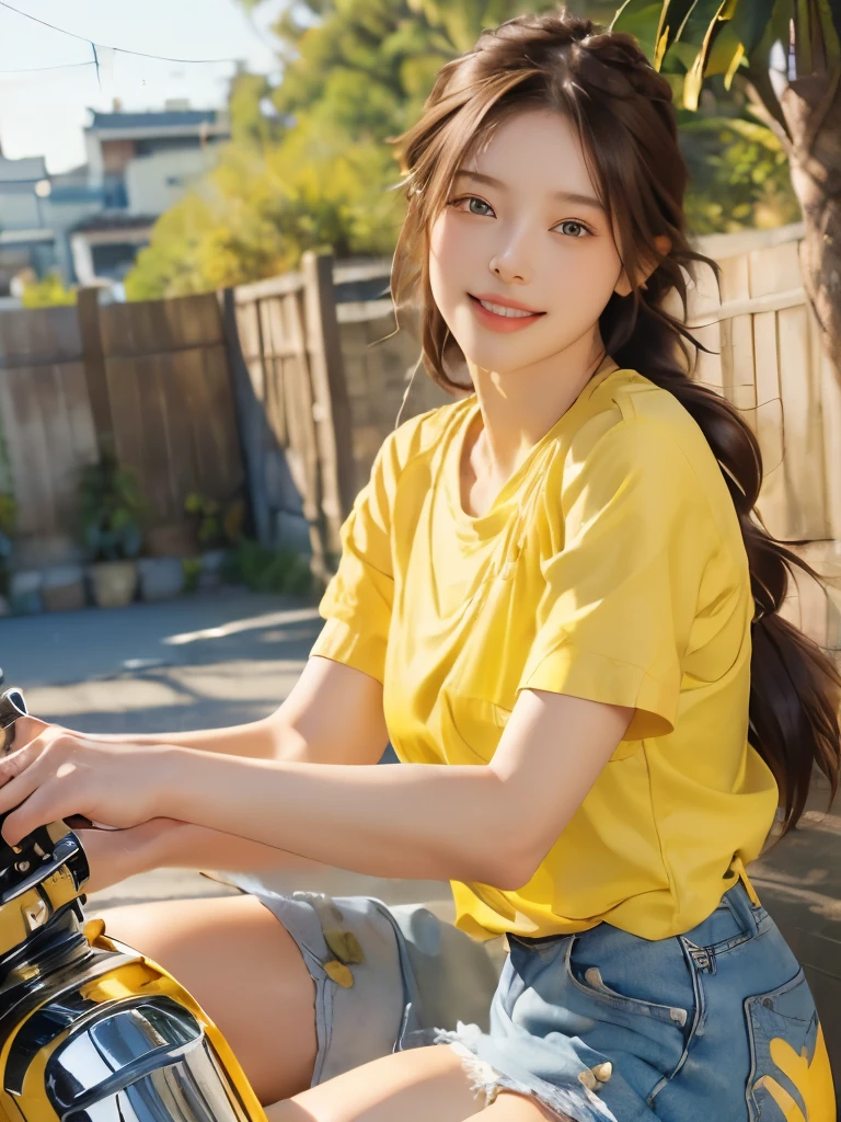 (masterpiece:1.3), (8k, Realistic, RAW Photos, highest quality:1.4), (Realistic face), (Brown Hair, Single braided hair:1.3), Beautiful Hairstyles, Realistic eyes, Beautiful little blue eyes, (Realistic skin), (Beautiful Skin), (((Ride a motorcycle outdoors))), charm, Ultra-high resolution, Golden Ratio, Long limbs、((smile)), ((Full Body Shot)), ((((Yellow Short Sleeve Shirt))))、((Jeans and sneakers))