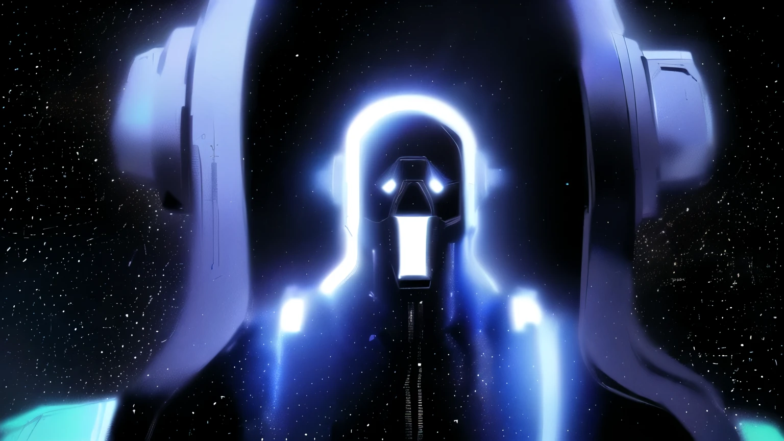 there is a picture of a man in a space suit with a helmet on, concept illustration, glowing spacesuit, keyframe illustration, 2d illustration, 2 d illustration, mechanical features and neon, discarded mechsuit in background, animation still, 2. 5 d illustration, keyframe, symmetrical portrait scifi, portre of a psyschonaut demon