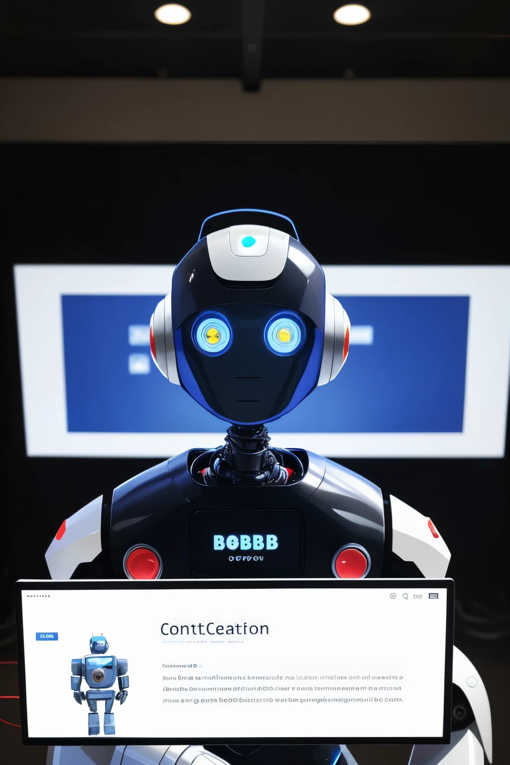 Content creation bot "Bob". He looks like a smart robot, looks straight at the screen, the background behind him is completely white