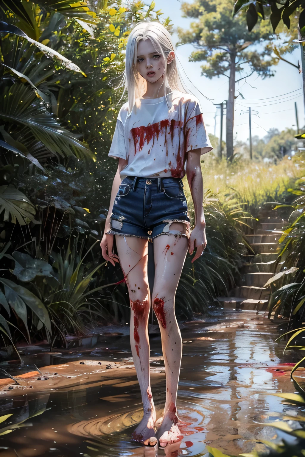 (8K、RAW Photos、highest quality、masterpiece:1.2), (Realistic、Photorealistic:1.2), High resolution skin, One boy, boy, White hair, long white hair, white eyes, he is blind and albino , Japanese, Beautiful boy, , (Thin legs:1.5),dark blue short in jean, Short Oversized white t-shirt , whole body,(soil ground:1.1),(standing),(muddy:1.2),(wounds,bloody legs:1.6)