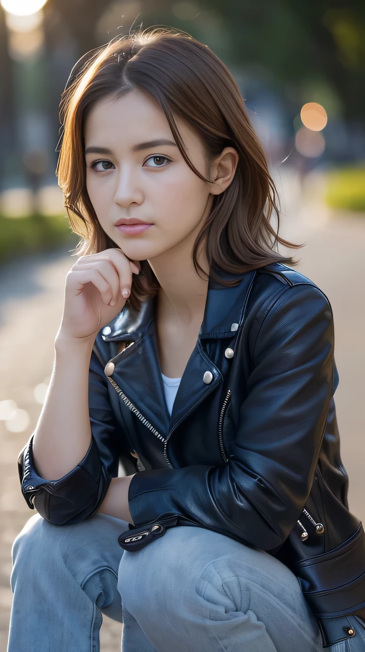 Best JPG Photos, ((Selfie)), ((Realistic)), ((Ultra-detailed)), Very low contrast, Natural light, ((Photographed with a camera equipped with a small sensor)), ((Photos taken with a mobile phone)), Looking at the audience, Young French woman, European, ((A woman with feminine characteristics)), 22 years old, Oval face shape, ((White skin)), ((Smooth, Young and perfect skin)), Height 1.70 m, ((Normal chin)), ((Perfect hands and fingers)), (Slim build, weight 70kg), ((Short semi-wavy brown hair)), ((perfect brown eyes)), Small Nose, With a troubled expression, ((With black leather jacket, Blue jeans and converse shoes)), ((In a park in Venezuela)), ((Photo taken at night with a flash)), ((Images for work))