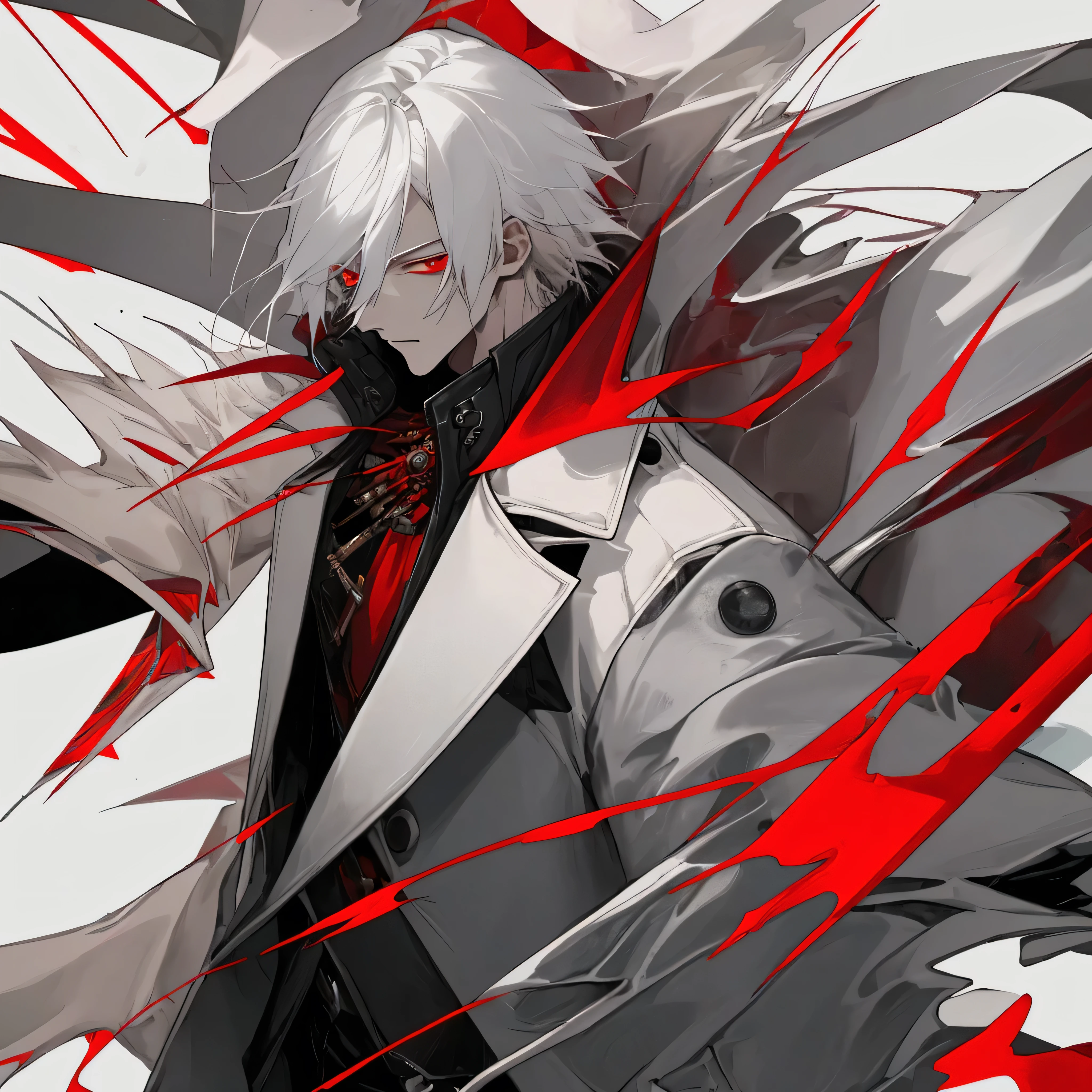 White-haired young man with a human appearance and yellow eyes with a red pupil, dressed in a red Scarf with a white raincoat coat with a large horizontal bleeding wound on his chest, black shorts with a white stripe on both sides and white sneakers with laces, his left eye covered with white Glitch particles and a white T-shirt with a black tie, in some parts his body is surrounded by Glitch --auto --s2