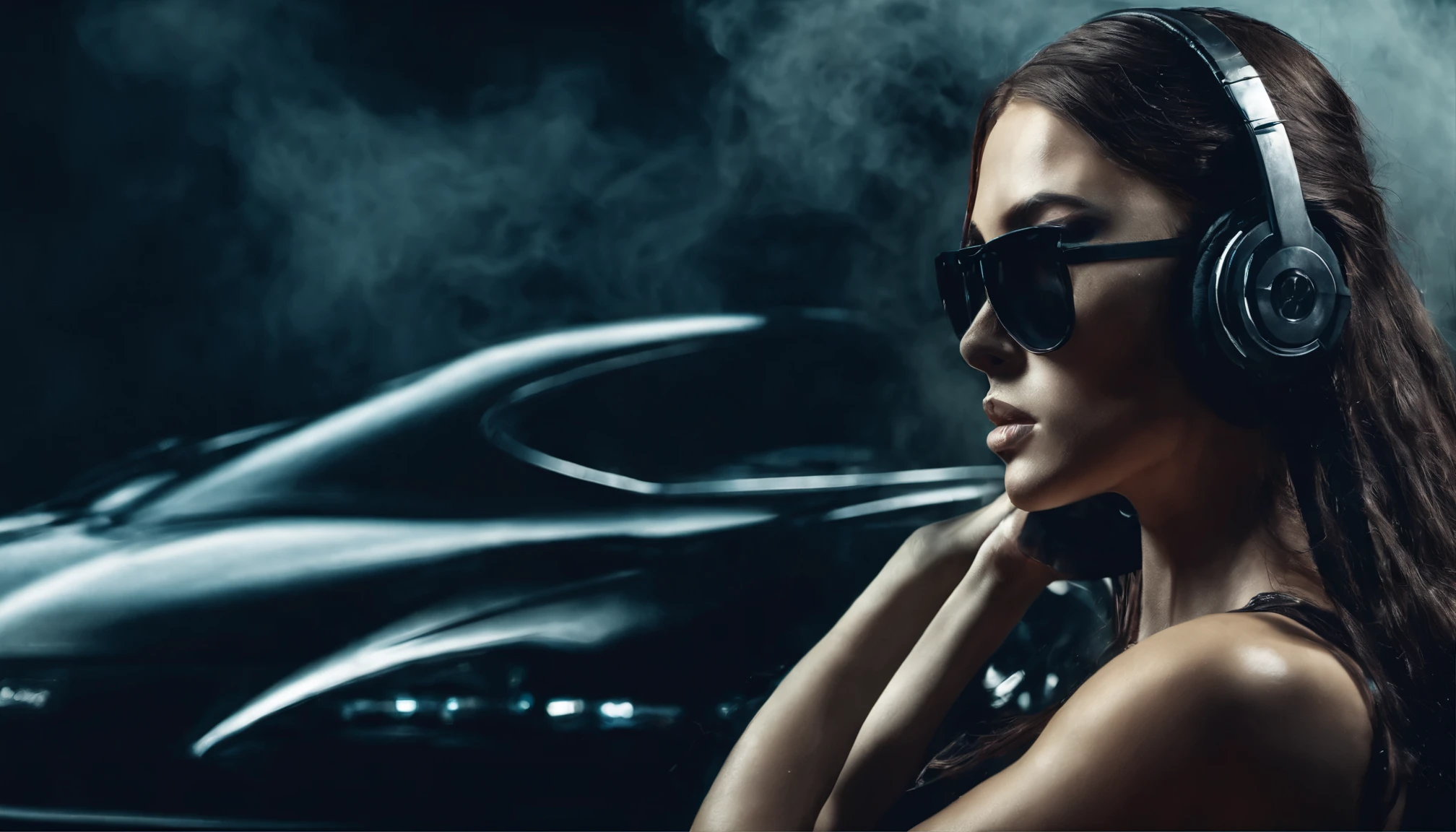 In the foreground is a beautiful young girl with long hair., wearing large stylish headphones. She looks confident and immersed in the music. There is a sports car in the background, shrouded in colorful smoke, creating a vibrant and dynamic atmosphere.

Details for creating a picture:

Main object:

beautiful young girl in bikini,in sunglasses.
long hair.
Large stylish headphones.
the background:

sports car (Sports car).
colorful smoke, surrounding car.
Style and mood:

Modern and dynamic style.
Bright and rich colors for smoke.
An atmosphere of energy and movement.
Technical specifications:

a high resolution.
Realistic or semi-realistic stylization.
Well-detailed details of headphones and car.
Dramatic lighting to create striking contrasts and highlight key elements