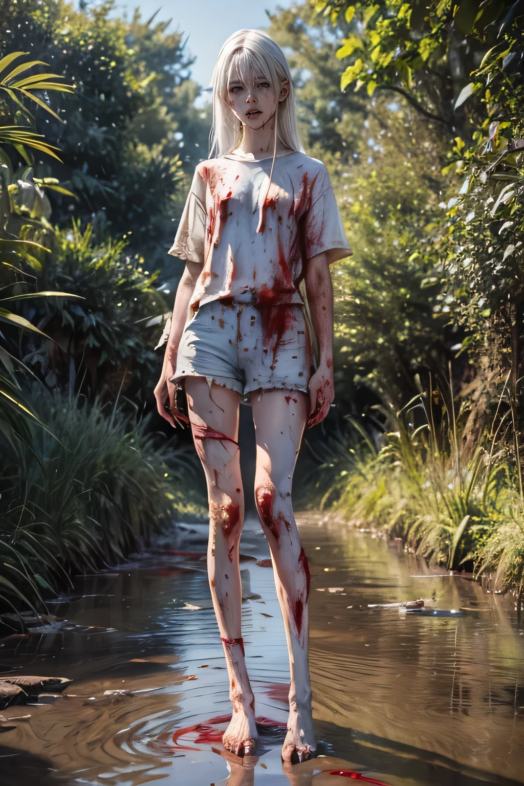 A naked  blond skinny girl 18 years old holding a machete with blood, standing on a killed monster, bright light, pretty face, rain, wounds, scars