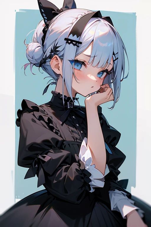 Short white hair, blush, Gothic Lolita、Punk Fashion、Headbang 2.、Blue and black clothes、Braiding、2 hair clips、Hair tied in a bun、