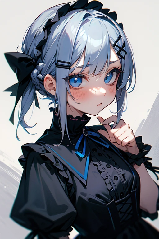 Short white hair, blush, Gothic Lolita、Punk Fashion、Headbang 2.、Blue and black clothes、Braiding、2 hair clips、Hair tied in a bun、