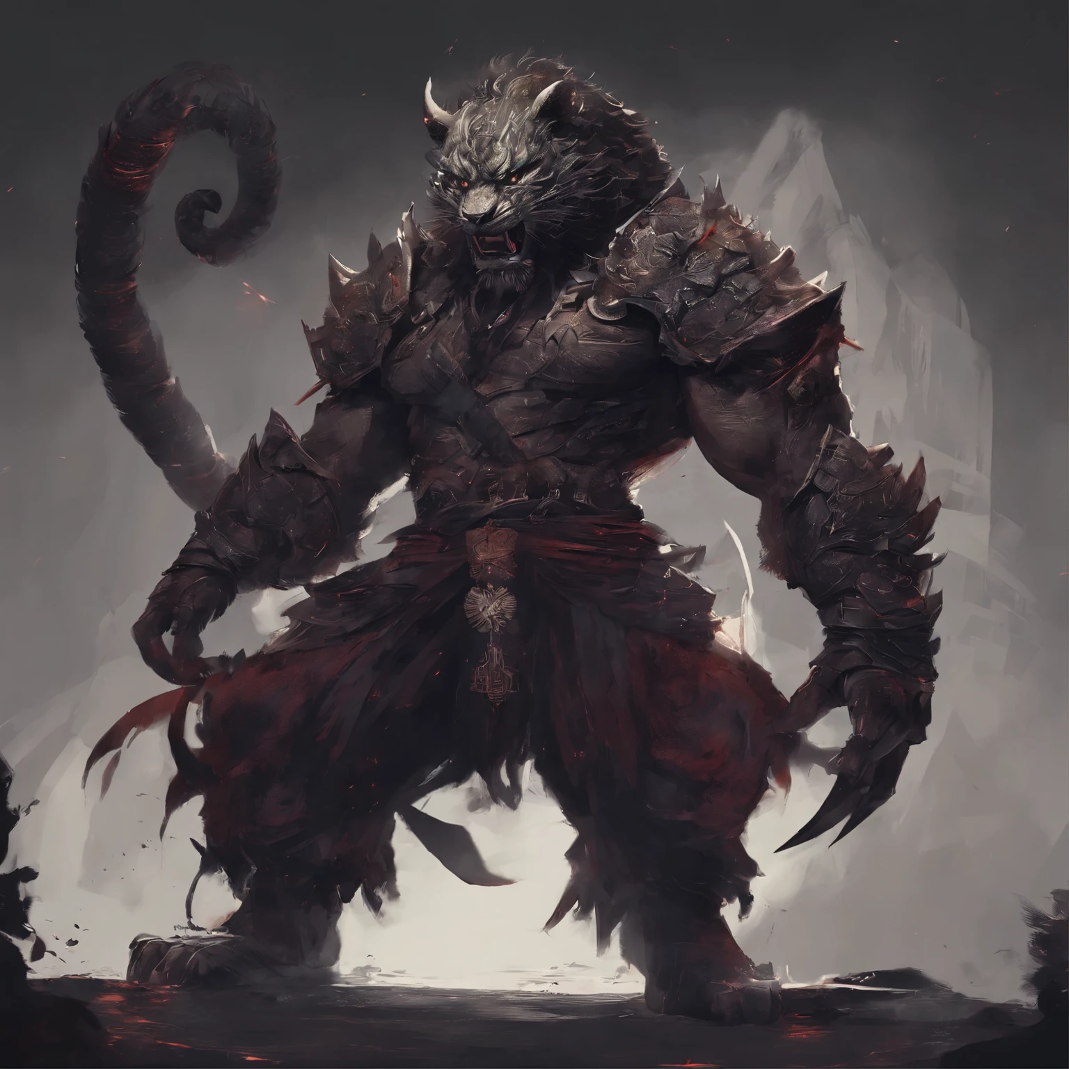 Dark flame style,lifelike,("cg,""doll")_,Dark Keeper,"Tiger demon","Western style",Western Mythology,Roar,ferocious,huge,Full body front view,The scene is,Takayama,night,Medium scene,