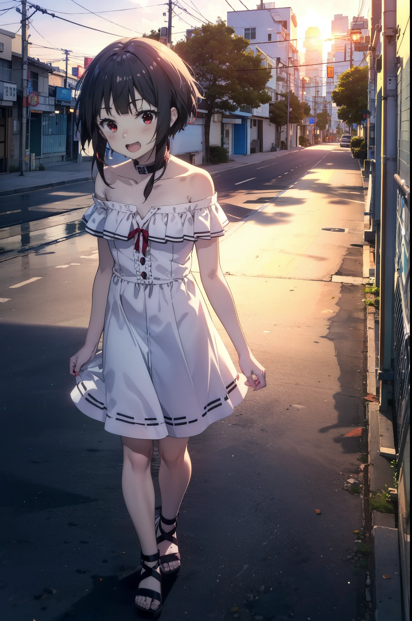 konosubaMegumin, Megumin, short hair, Black Hair, (Red eyes:1.3), short hair with long locks,happy smile, smile, Open your mouth,
Off-the-shoulder white dress,Short sleeve,White long skirt,Cute Sandals,Bare arms,bare clavicle,Bare shoulders,Bare neck,Walking,whole bodyがイラストに入るように,evening,Sunset,The sun is setting,
break outdoor, Coastal street with buildings,
break looking at viewer, whole body,
break (masterpiece:1.2), highest quality, High resolution, unity 8k wallpaper, (figure:0.8), (Beautiful fine details:1.6), Highly detailed face, Perfect lighting, Highly detailed CG, (Perfect hands, Perfect Anatomy),